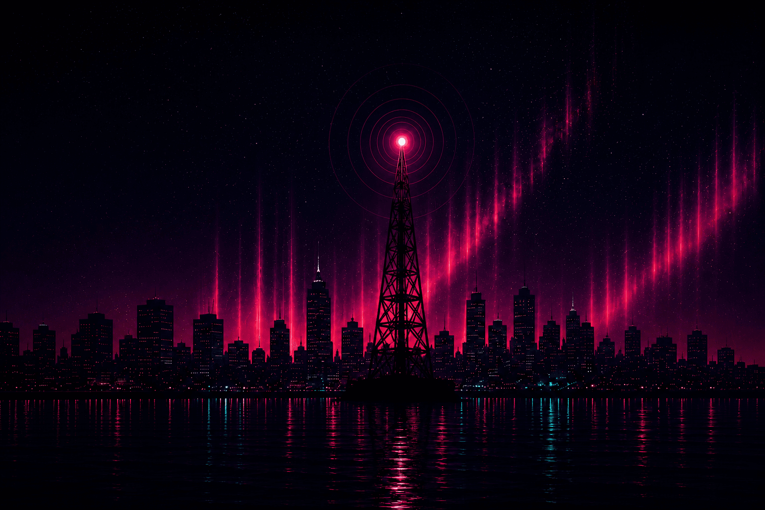 Dark city skyline with aurora lights and a radio tower
