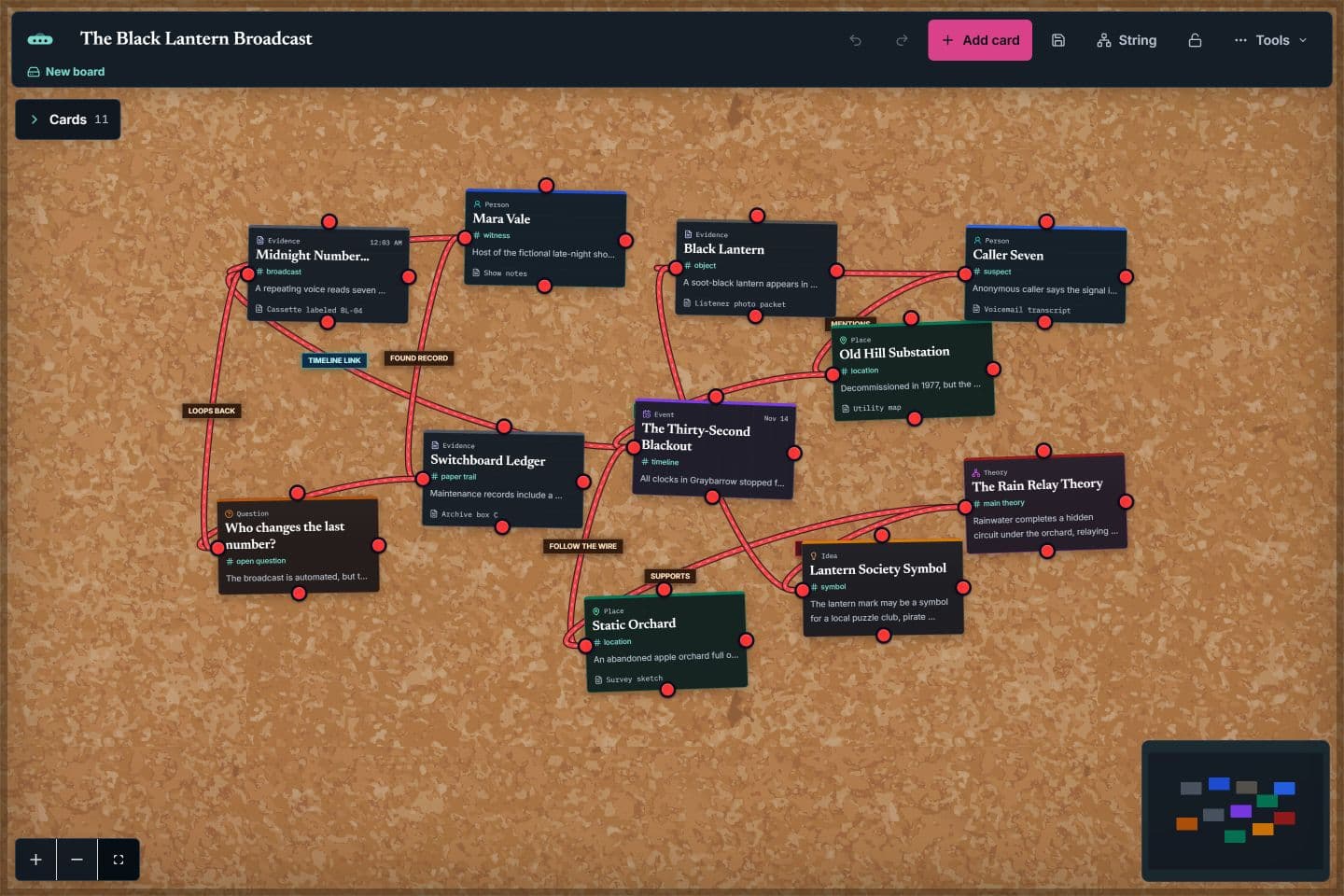 Theory Board workspace showing eleven fictional clue cards, labelled red strings, a cork background, and editing controls.